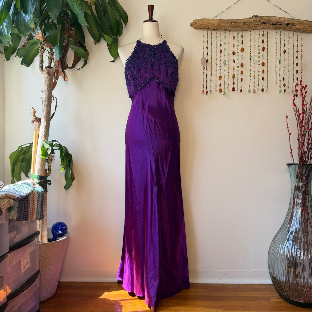 Vintage Blondie and Me Purple Lace Sequin Open Back Formal Gown 90s Whimsigoth